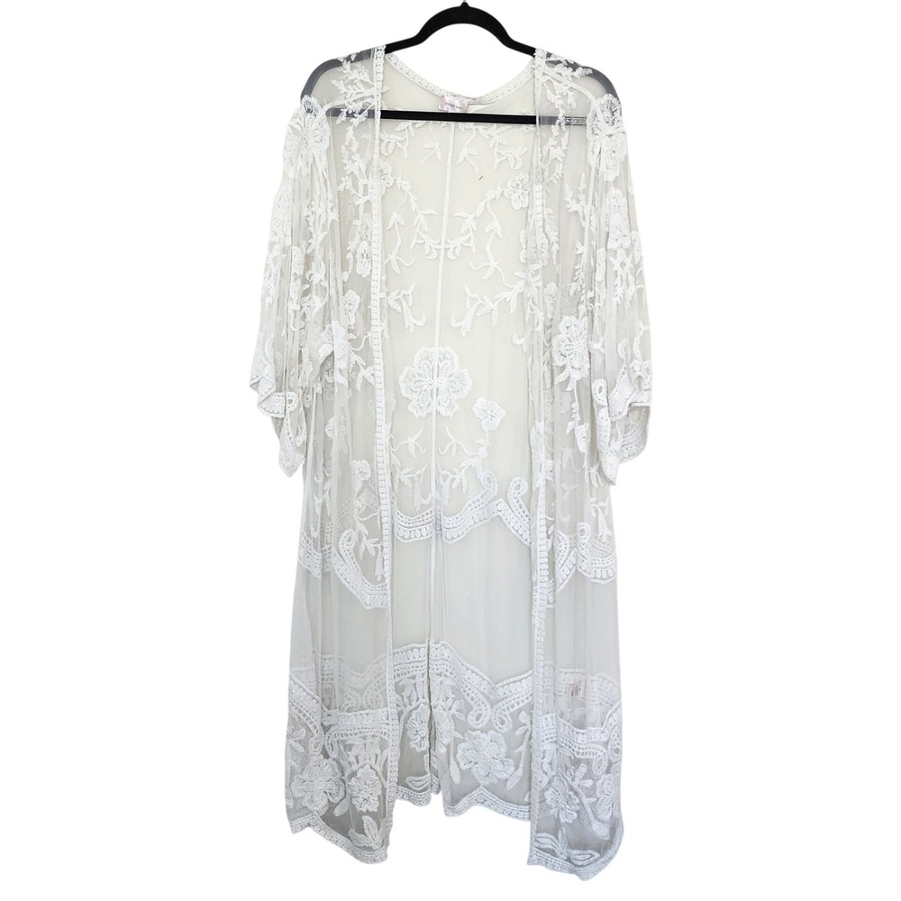 Dizzy Gal White Lace Kimono Cardigan Longline Floral Mesh Cover Up XL Beach